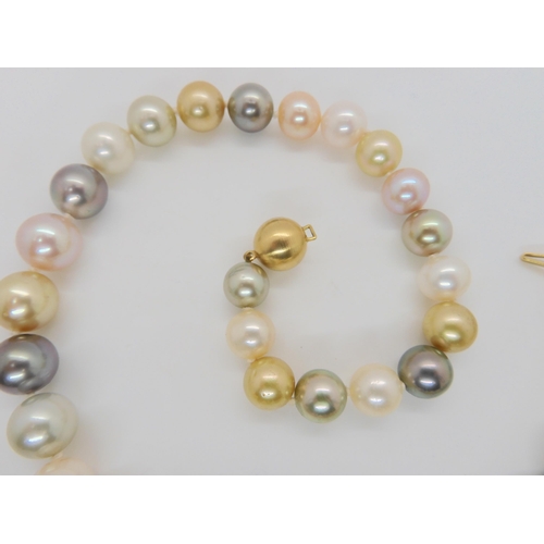 676 - A string of large multicoloured pearls by Europearl, with an 18ct gold ball clasp. Gently tapered in... 