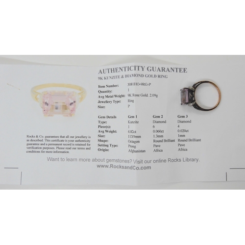 678 - A 9ct rose gold kunzite and diamond ring, size P1/2, weight 3.4gms, with Rocks & Co certificate