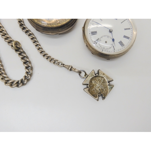 685 - Two silver pocket watches, the open face dated London 1873, together with a gold plated pocket watch... 