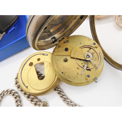 685 - Two silver pocket watches, the open face dated London 1873, together with a gold plated pocket watch... 