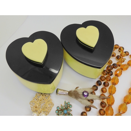 692 - Two retro acrylic pots with heart motifs, and a collection of vintage costume jewellery