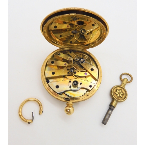 551 - An 18ct gold open face fob watch with gold dial. Diameter 3.8cm, weight 35.4gms