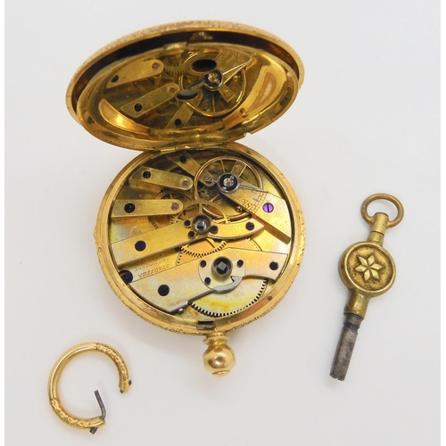 551 - An 18ct gold open face fob watch with gold dial. Diameter 3.8cm, weight 35.4gms