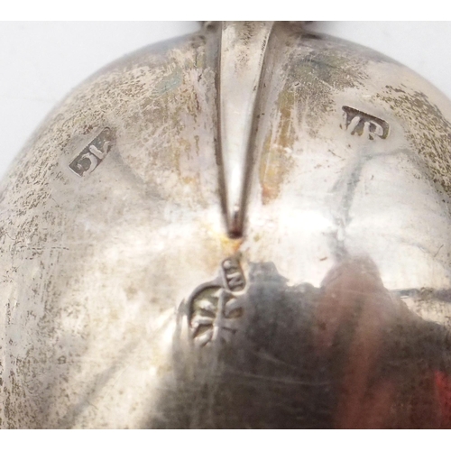 383 - Two Dutch silver spoons, with oval shaped bowls, one stem modelled as a windmill, the other as stork... 