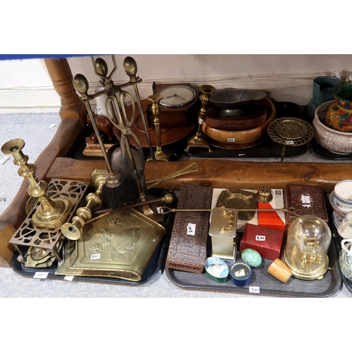 201 - Assorted brassware including candlesticks, fire irons, wooden items including boxes etc