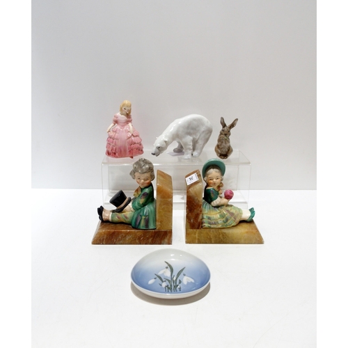 241 - A Royal Copenhagen Polar Bear, a rabbit and dish decorated with Snowdrops, a Doulton figure Rose and... 