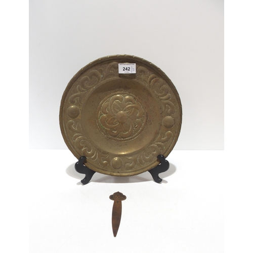 242 - An Arts and Crafts Glasgow School copper bookmark, together with a brass dish with repousse decorati... 