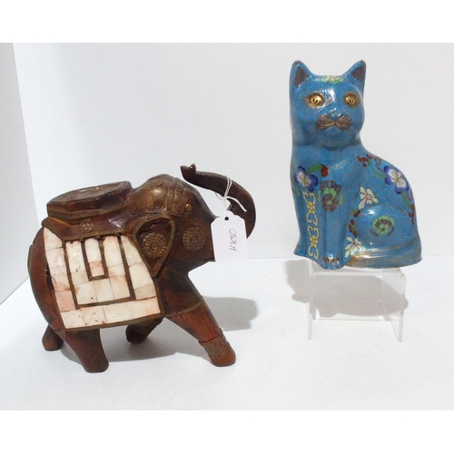 250 - A cloisonné figure of a cat together with a copper and bone inlaid wooden elephant