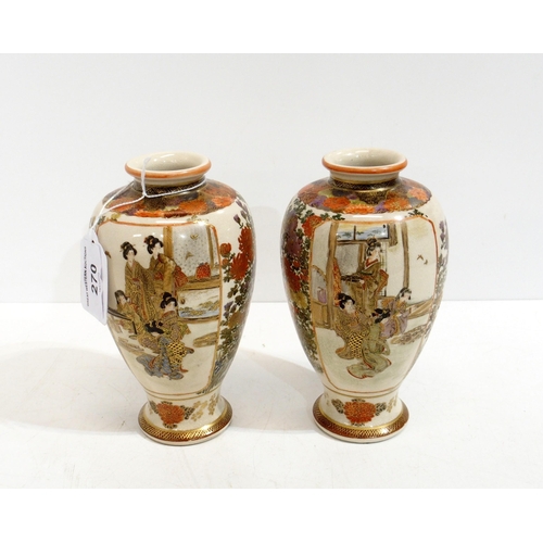 270 - A pair of Satsuma vases, decorated with a landscape scene with chrysanthemums with a panel of geisha... 