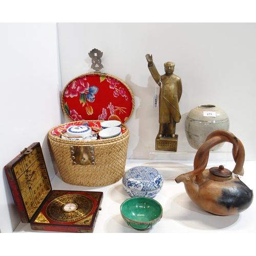 275 - A brass figure of Chairman Mao, a Chinese ginger jar, a saki set in basket, a pottery teapot with sn... 