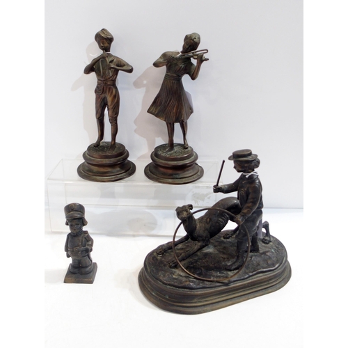 277 - Three assorted bronzed metal figures and another of a boy