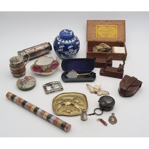 477 - A good mixed lot, to include a leather-cased compass by Barker's, Chester silver miniature chocolate... 