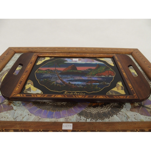 106 - A 20th century Brazilian sample wood inlaid table with butterfly collage under glass top, Brazilian ... 