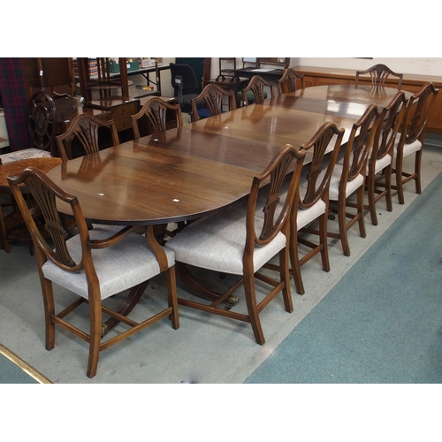 107 - A large 20th century reproduction mahogany triple pedestal dining table with two leaves, 76cm high x... 