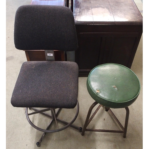 121 - A 20th century adjustable machinists stool with upholstered back and seat and another machinists sto... 