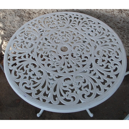 124 - A 20th century white painted cast metal garden table and two chairs (3)