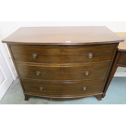 33 - An early 20th century mahogany bow front three drawer chest on shaped bracket feet, 85cm high x 107c... 
