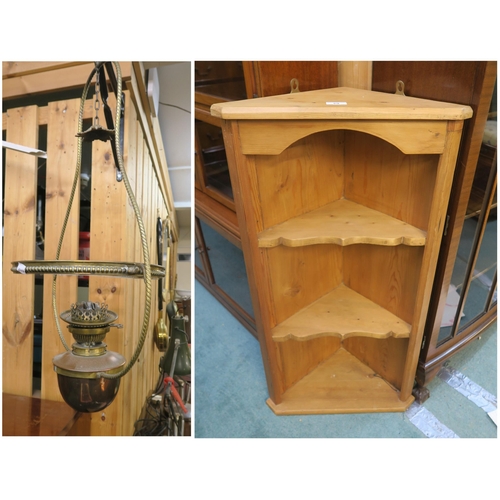 69 - A 20th pine open corned shelf and a Victorian copper and brass oil lamp (2)