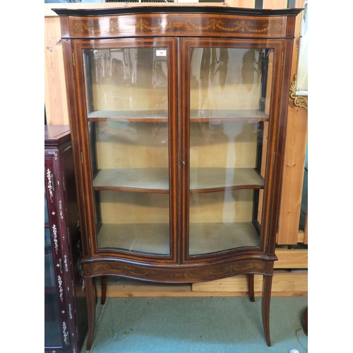 74 - A Victorian mahogany and satinwood inlaid serpentine front two door glazed display case on square ou... 