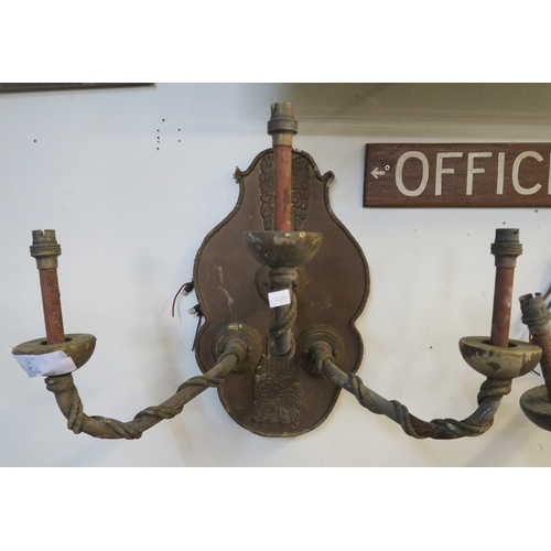 77 - A pair of gilt three branch wall sconces and a wooden office sign (3)
