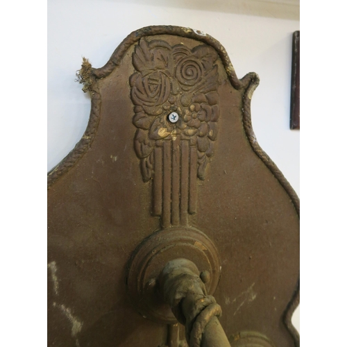 77 - A pair of gilt three branch wall sconces and a wooden office sign (3)