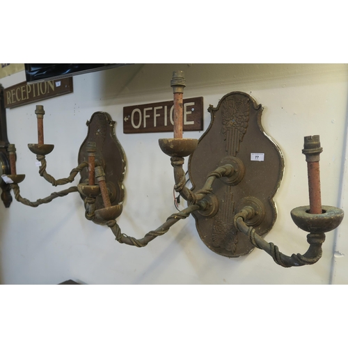 77 - A pair of gilt three branch wall sconces and a wooden office sign (3)