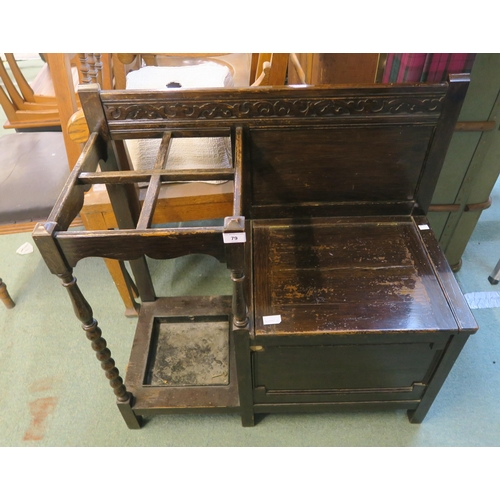 79 - A 20th century oak umbrella hall seat, brass coal box and an oak stool (3)