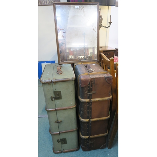 80 - A lot of two wood bound travel trunks and a mahogany framed wall mirror (3)