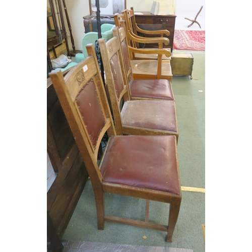 88 - A lot of five early 20th century oak arts and crafts dining chairs comprising pair of open armchairs... 