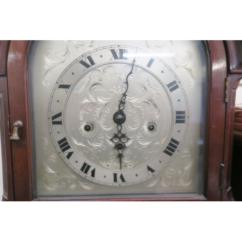 93 - A 20th century mahogany cased Tempus Fugit grandmother clock with silvered face bearing Roman numera... 