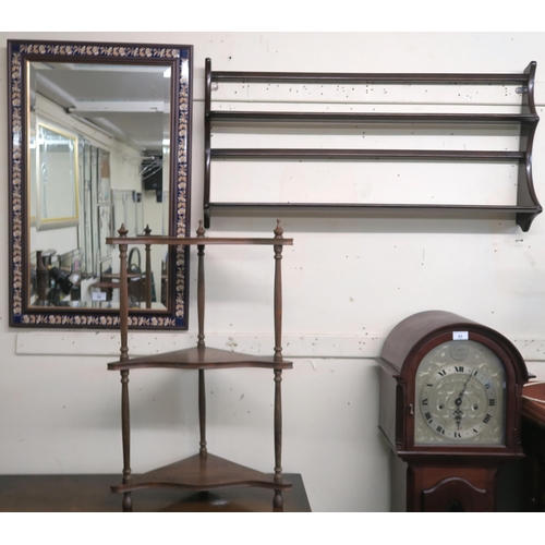 94 - A 20th century floral tiled framed bevelled glass wall mirror, two tier wall plate racks and a small... 