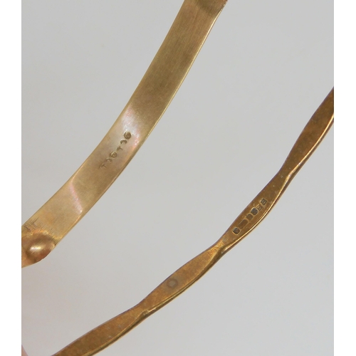 654 - Two 9ct gold bangles, inner diameter of the twist bangle 7cm, other 7cm, weight together 17.3gms