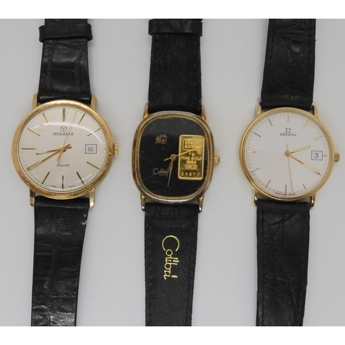 774 - Two gents 9ct gold watch heads, by Zenith and Rodania, together with a Collibri gents watch with a 1... 