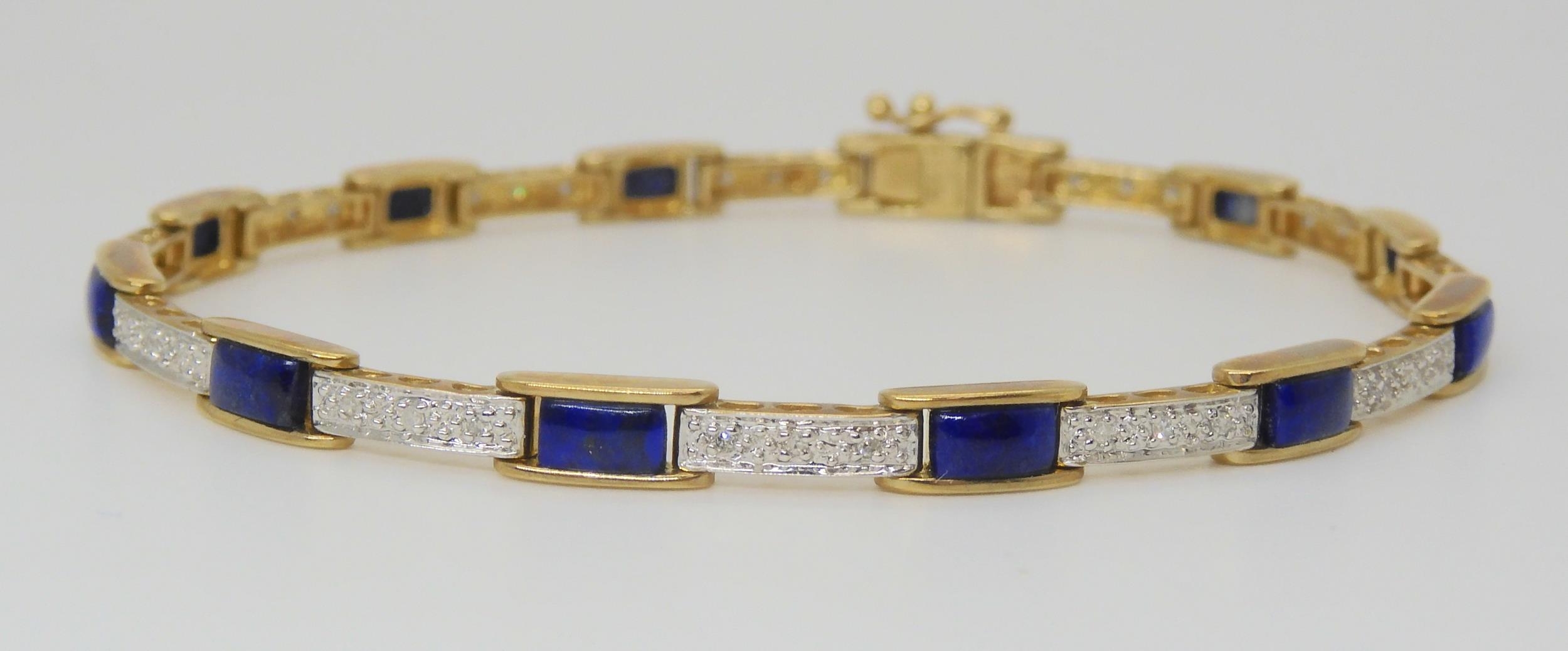 A 9ct gold diamond and lapis lazuli set bracelet, diamonds a...
