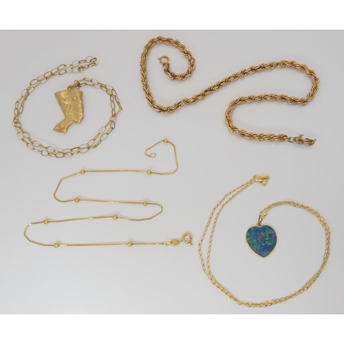 787 - A 9ct rope twist chain, a 9ct Nefertiti head pendant on chain, a 9ct necklace with ball links, and a... 