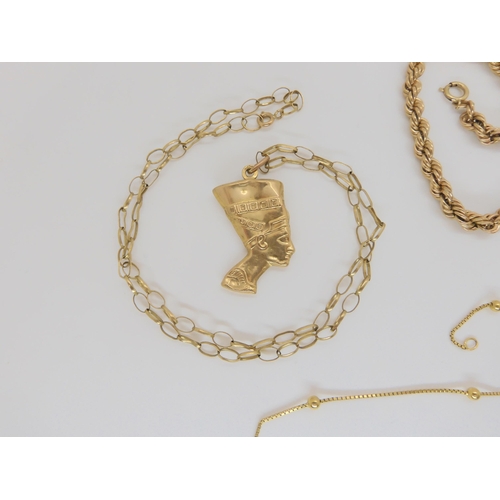 787 - A 9ct rope twist chain, a 9ct Nefertiti head pendant on chain, a 9ct necklace with ball links, and a... 