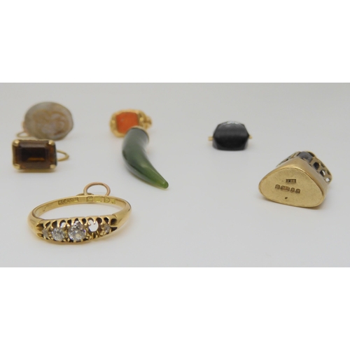 790 - A  15ct gold ring, a 9ct mounted smoky quartz fob, a greenstone tusk pendant, an 18ct diamond s... 