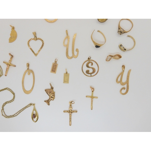 791 - Assorted letter pendants, crosses, other pendants, part rings etc, weight together, 31.3gms