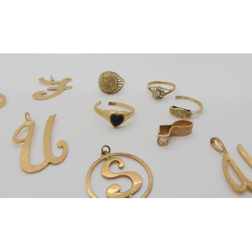 791 - Assorted letter pendants, crosses, other pendants, part rings etc, weight together, 31.3gms