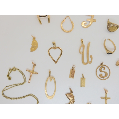 791 - Assorted letter pendants, crosses, other pendants, part rings etc, weight together, 31.3gms