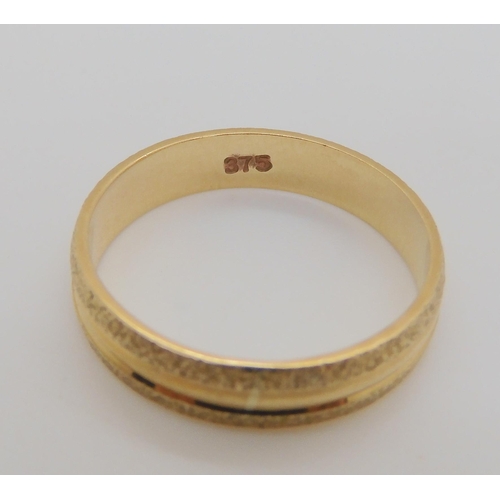 798 - A 9ct tri colour Russian wedding band, another of thinner proportions and a 9ct wedding band, 8.2gms