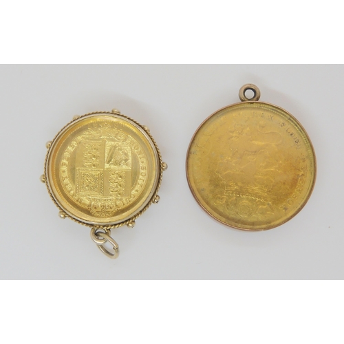 805 - A yellow metal Victorian coin dated 1887, in glass and white metal mount, together with a George IV ... 