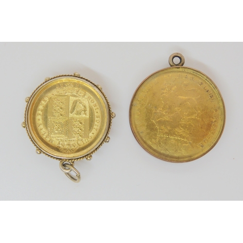 805 - A yellow metal Victorian coin dated 1887, in glass and white metal mount, together with a George IV ... 