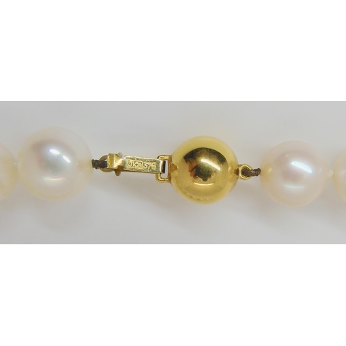 806 - A string of uniform cultured pearls, approx. 1cm diameter, with slight pink lustre, 21cm long, toget... 