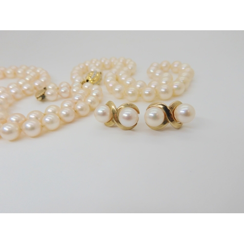 808 - A string of uniform cultured pearls with 18ct diamond set clasp, pearls 8cm diameter, necklace lengt... 