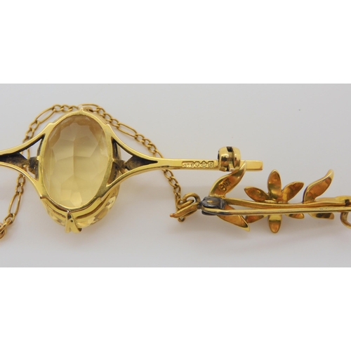 810 - A citrine set 9ct bar brooch, together with another brooch set with seed pearls, weight togethe... 