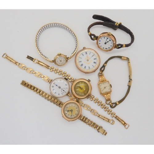 818 - An 18ct ladies watch head on rolled gold strap, a 9ct pocket watch, and five gold watch heads on rol... 