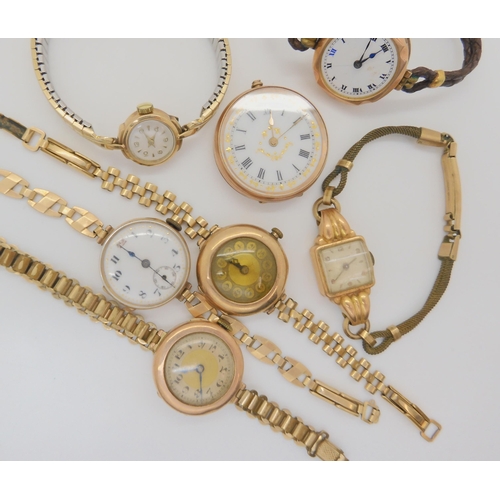 818 - An 18ct ladies watch head on rolled gold strap, a 9ct pocket watch, and five gold watch heads on rol... 