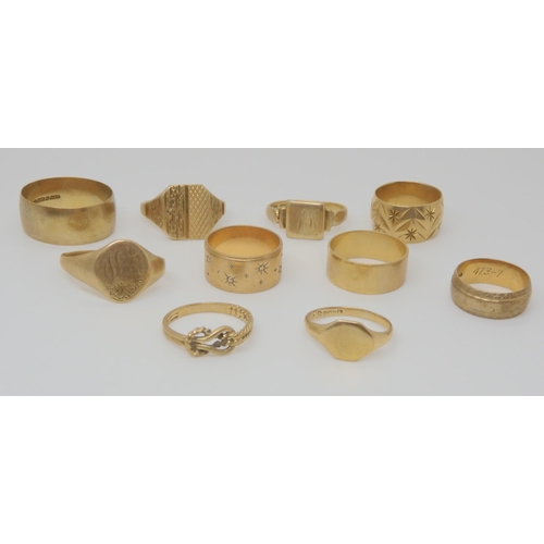 830 - Five assorted 9ct gold wedding rings and five other 9ct rings, 44.5gms