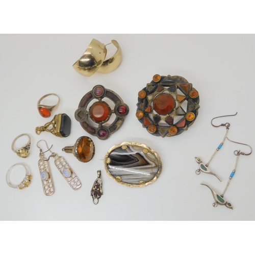 889 - Three Scottish agate brooches, a silver citrine ring stamped Iona and other items